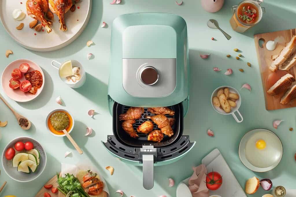 Air fryer with crispy chicken wings and vegetables inside.