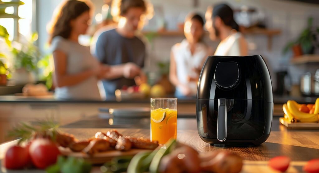 black air fryer kitchen counter with food drinks 12