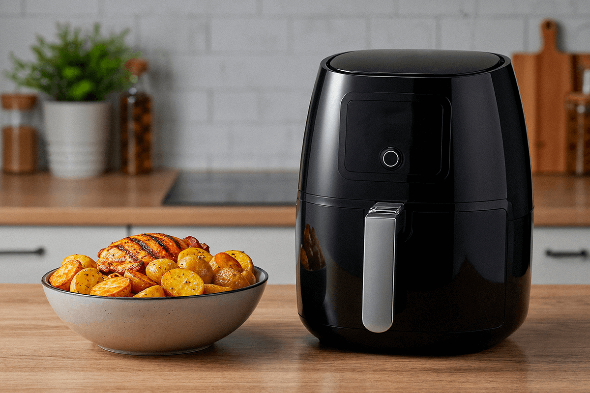 black air fryer with roasted food wooden table