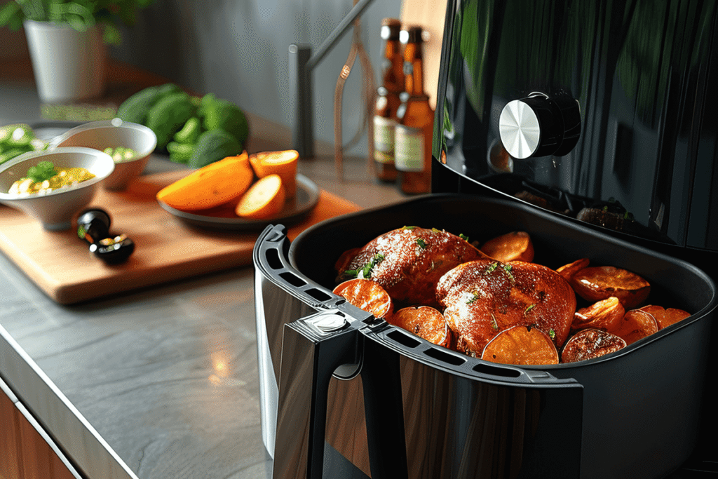 view modern hot air fryer with cooked food 2