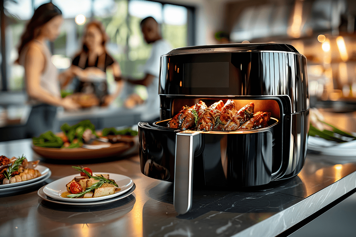 view modern hot air fryer with cooked food 3